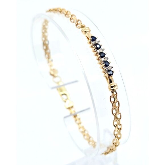 Unique 14K Yellow Gold Diamond & Blue Spinel Tennis Link Bracelet - 7.75" Length - Picture 2 of 12